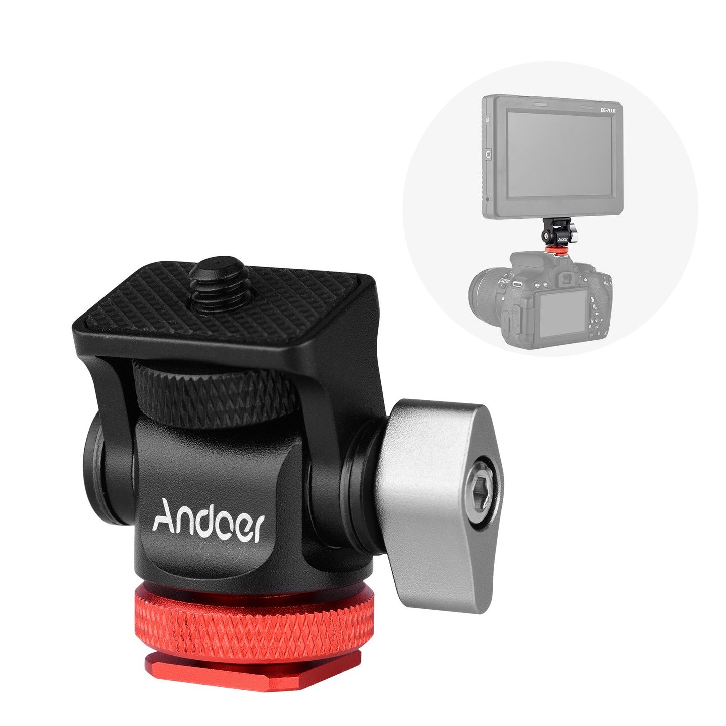 Andoer Mini Monitor Mount Tripod Head Cold Shoe Adapter Aluminum Alloy for Mounting Camera LED Fill Light - Red