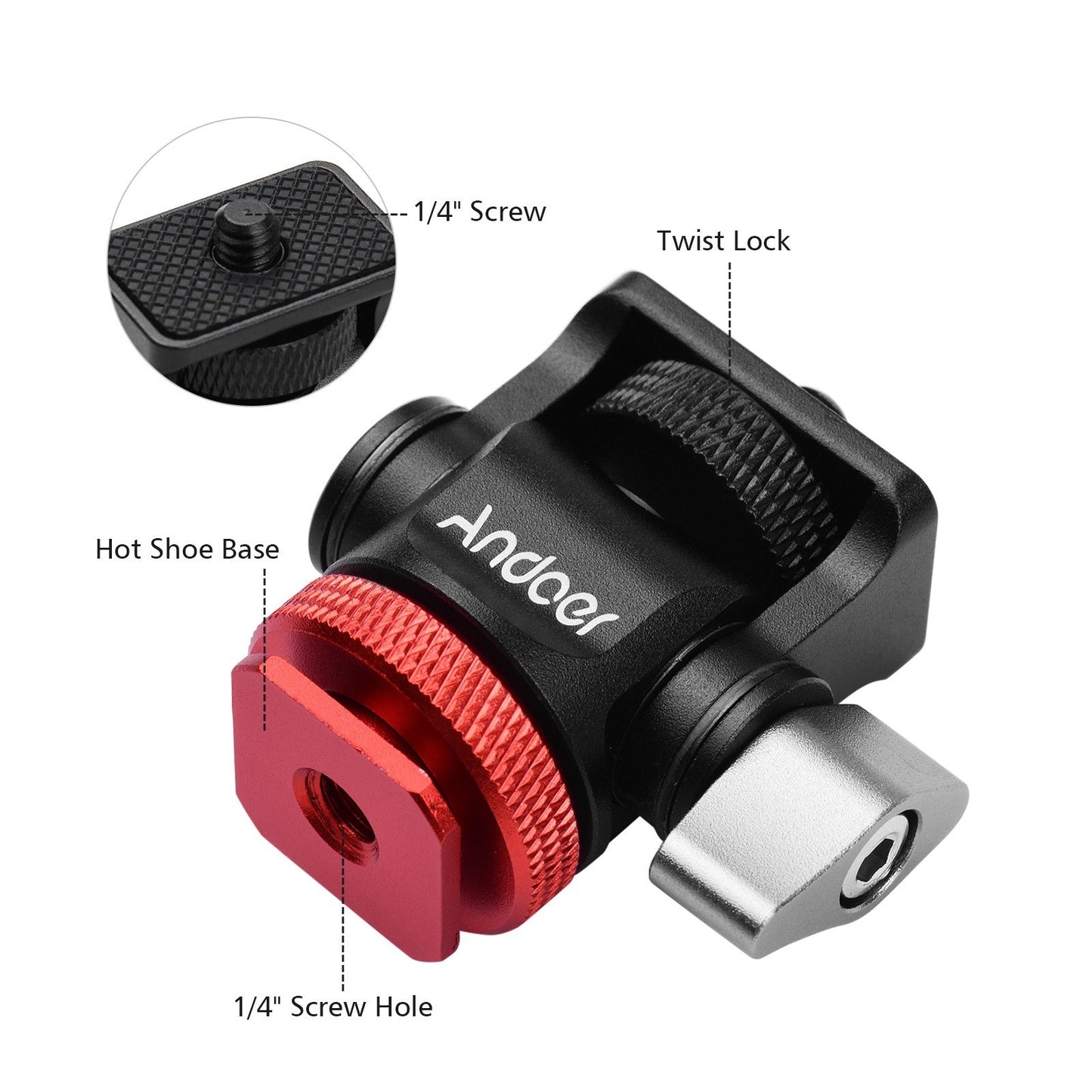 Andoer Mini Monitor Mount Tripod Head Cold Shoe Adapter Aluminum Alloy for Mounting Camera LED Fill Light - Red