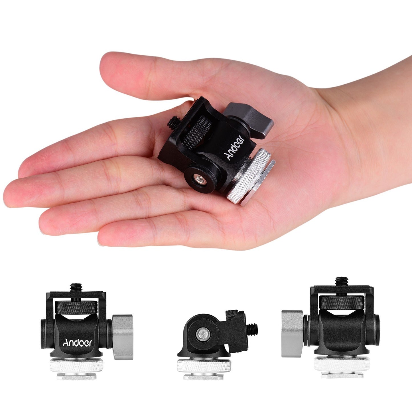 Andoer Mini Monitor Mount Tripod Head Cold Shoe Adapter Aluminum Alloy for Mounting Camera LED Fill Light - Silver