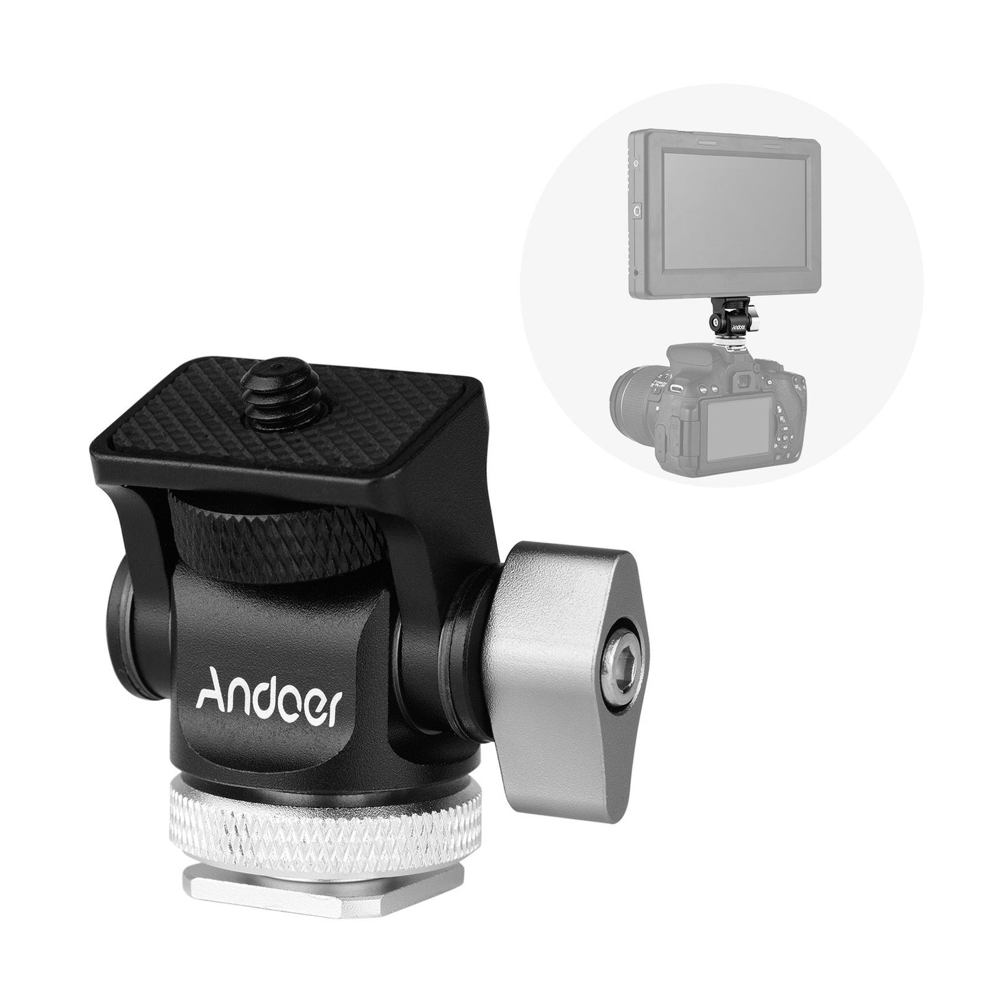Andoer Mini Monitor Mount Tripod Head Cold Shoe Adapter Aluminum Alloy for Mounting Camera LED Fill Light - Silver