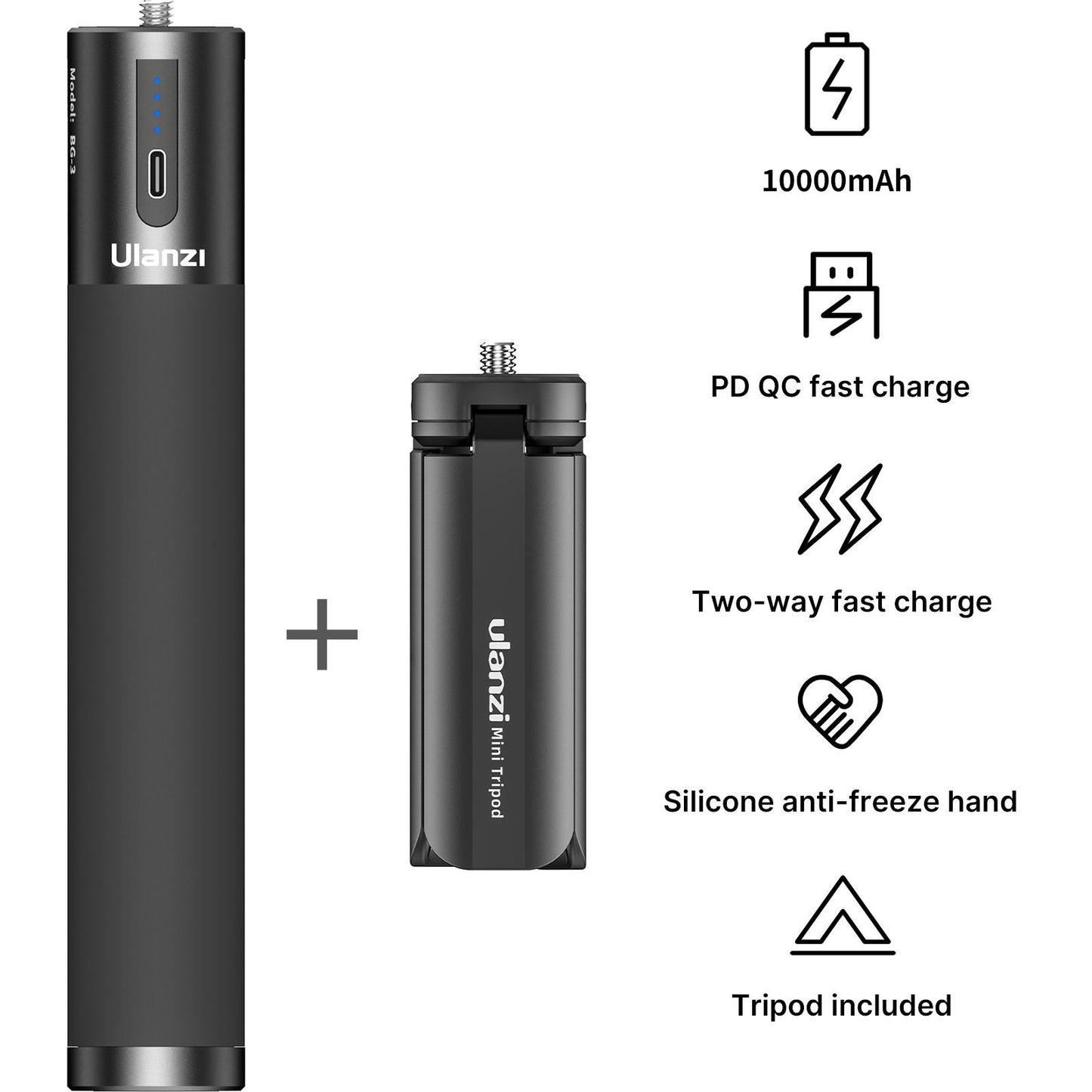 ULANZI BG-3 10000mAh Power Bank Hand Grip Dual Charging Ports with Mini Tripod