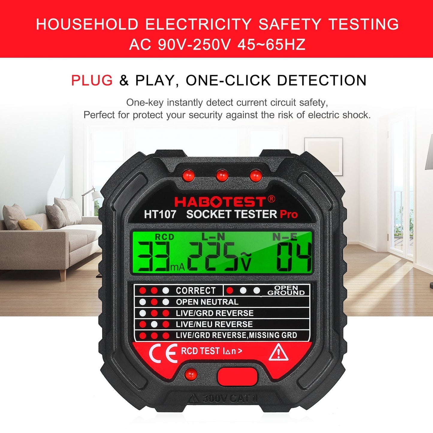 Habotest GFCI HT107D Outlet Tester with Voltage Display 90-250V Socket Tester Automatic Electric Circuit Polarity Voltage Detector Breaker Finder - EU Plug