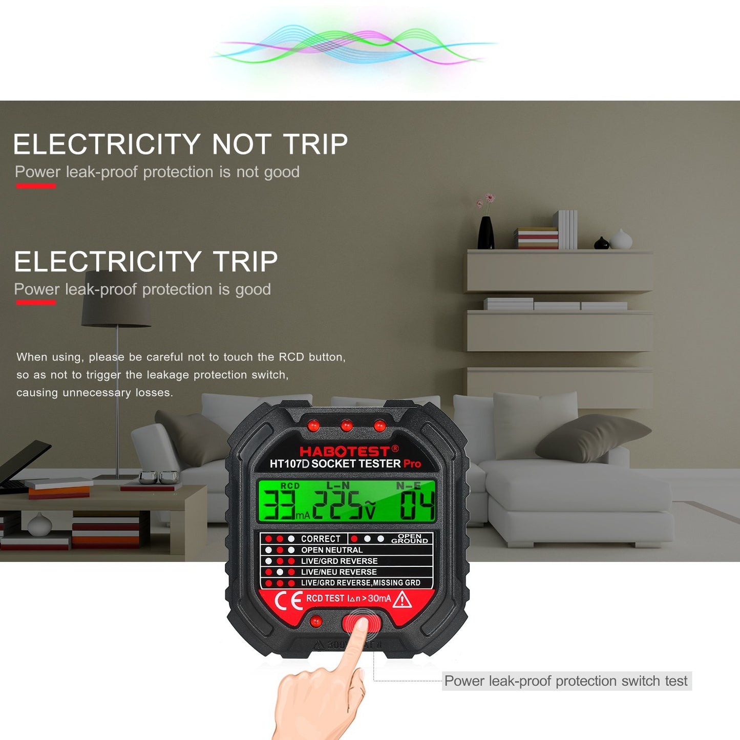 Habotest GFCI HT107D Outlet Tester with Voltage Display 90-250V Socket Tester Automatic Electric Circuit Polarity Voltage Detector Breaker Finder - EU Plug