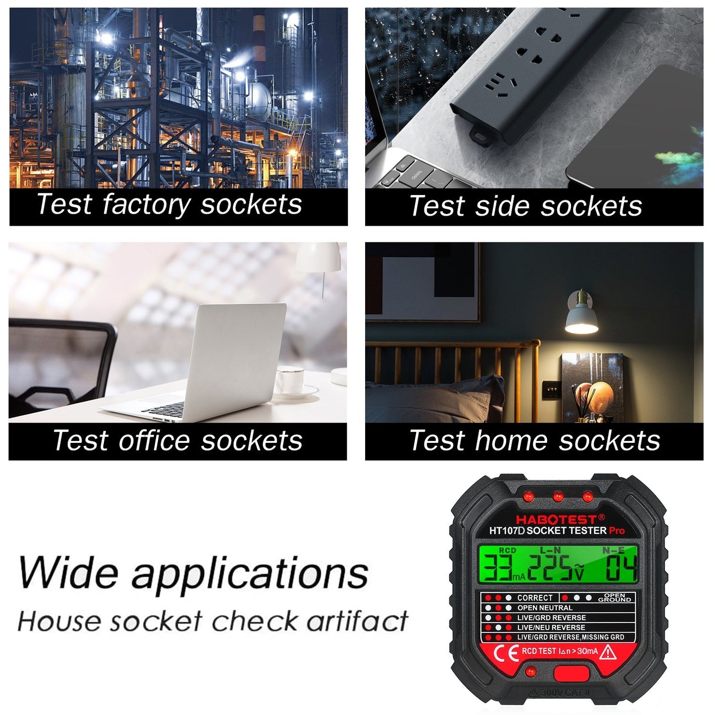 Habotest GFCI HT107D Outlet Tester with Voltage Display 90-250V Socket Tester Automatic Electric Circuit Polarity Voltage Detector Breaker Finder - EU Plug