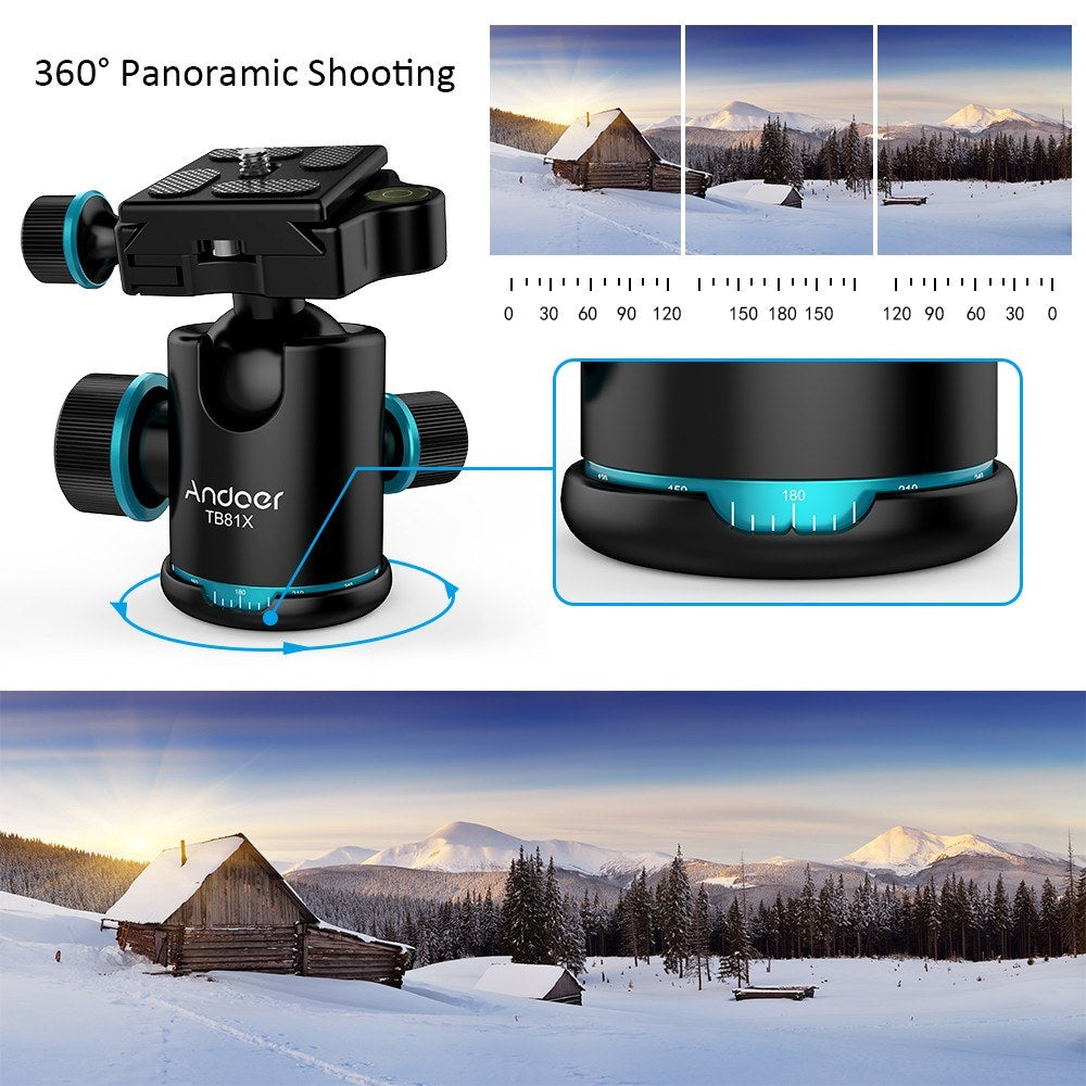 Andoer TB81X Tripod Stylish Design Ball Head 360 Degree Rotating Panoramic Ball Head  for Tripod Monopod Slider DSLR Camera with 3pcs 1/4inch to 3/8inch Srew Adapters