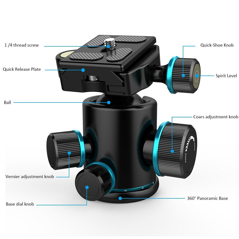 Andoer TB81X Tripod Stylish Design Ball Head 360 Degree Rotating Panoramic Ball Head  for Tripod Monopod Slider DSLR Camera with 3pcs 1/4inch to 3/8inch Srew Adapters