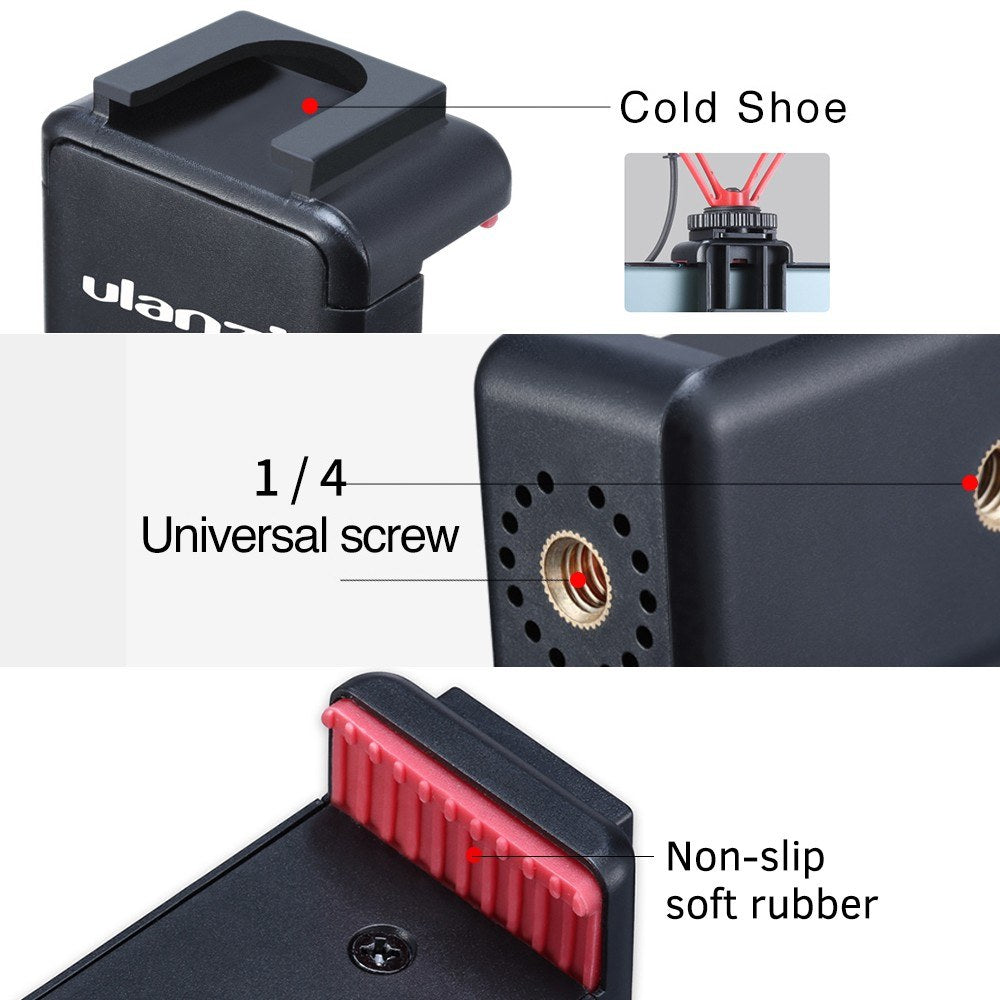 ULANZI ST-07 Non-slip Durable Adjustable Phone Holder Vlog Phone Clip with 1/4 Inch Screw Holes Extending Cold Shoe for 5.6-8.3cm Width Smartphone for Tripod LED Light Microphone