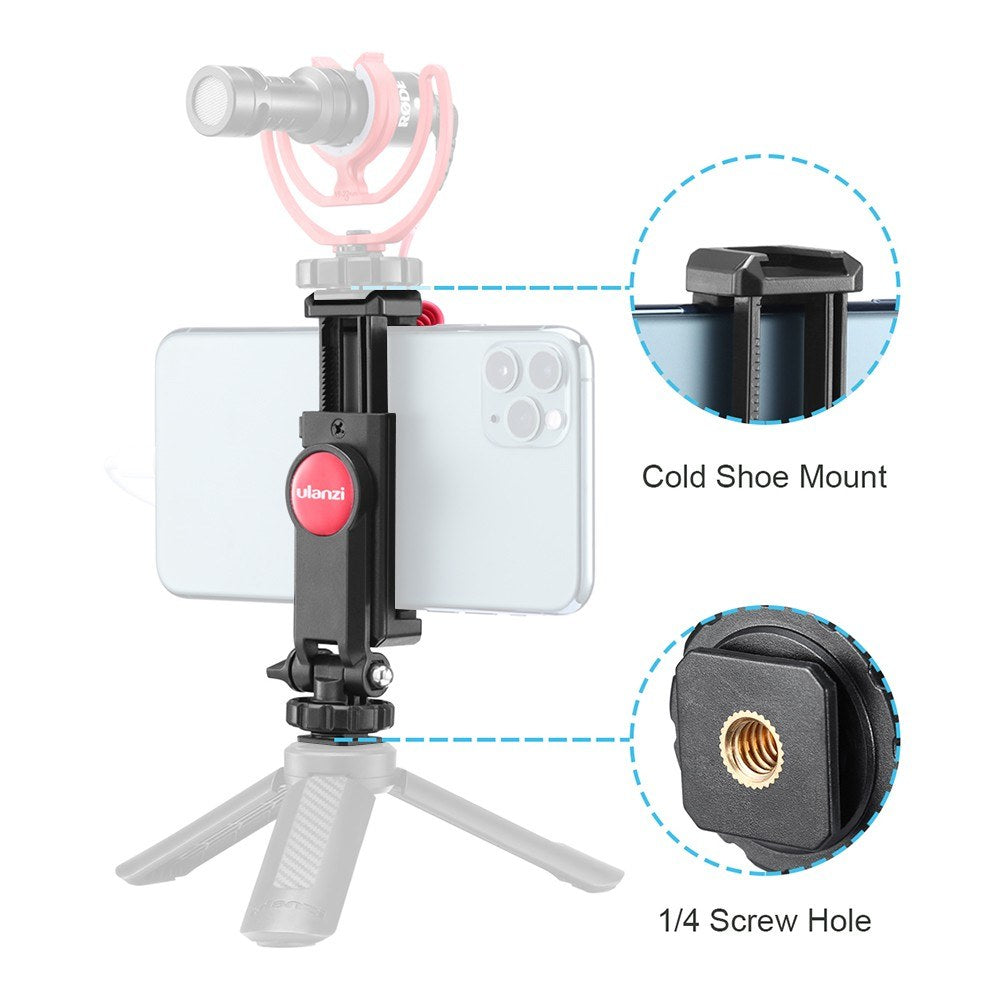 Uniqkart Rotatable Adjustable Angle Tripod Phone Holder Clamp Clip Mount Adapter with 1/4 Hot-Shoe Microphone Mount Cold-Shoe 360 Degree Rotatable