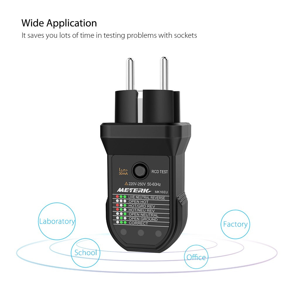 METERK FCI Electric Socket Tester Automatic Neutral Live Earth Wire Testing Circuit Polarity Detector Wall Plug Breaker Finder Electric Leakage Test - EU Plug