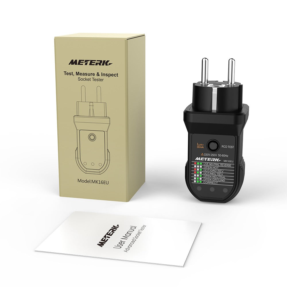 METERK FCI Electric Socket Tester Automatic Neutral Live Earth Wire Testing Circuit Polarity Detector Wall Plug Breaker Finder Electric Leakage Test - EU Plug