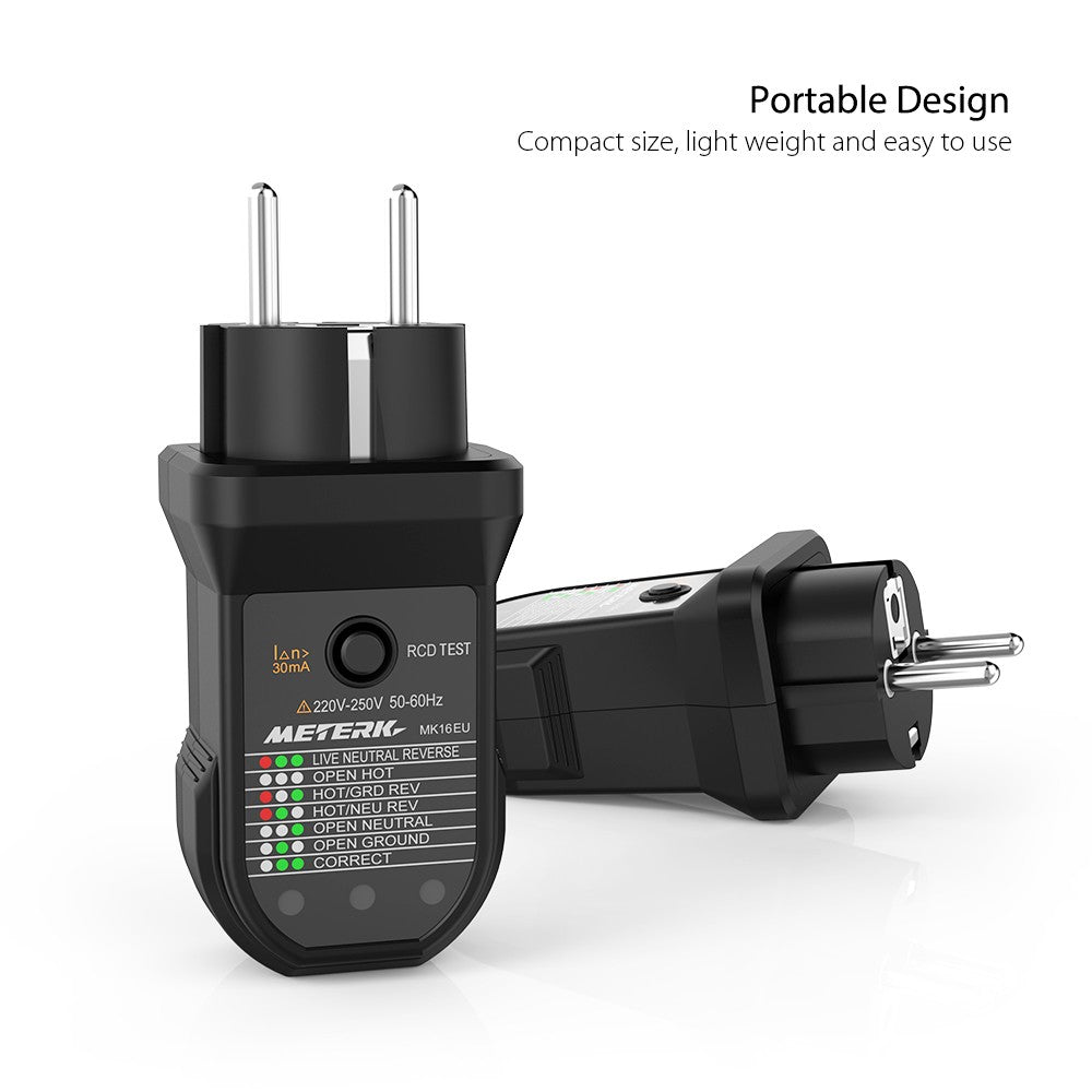METERK FCI Electric Socket Tester Automatic Neutral Live Earth Wire Testing Circuit Polarity Detector Wall Plug Breaker Finder Electric Leakage Test - EU Plug
