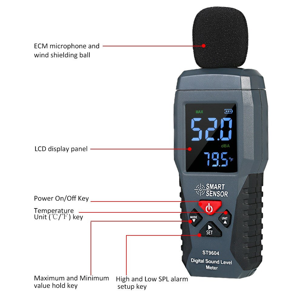 SMART SENSOR ST9604 Mini LCD Digital Audio Decibel Meter Sound Level Meter Noise Level Meter Sound Monitor 30-130dBA - Black