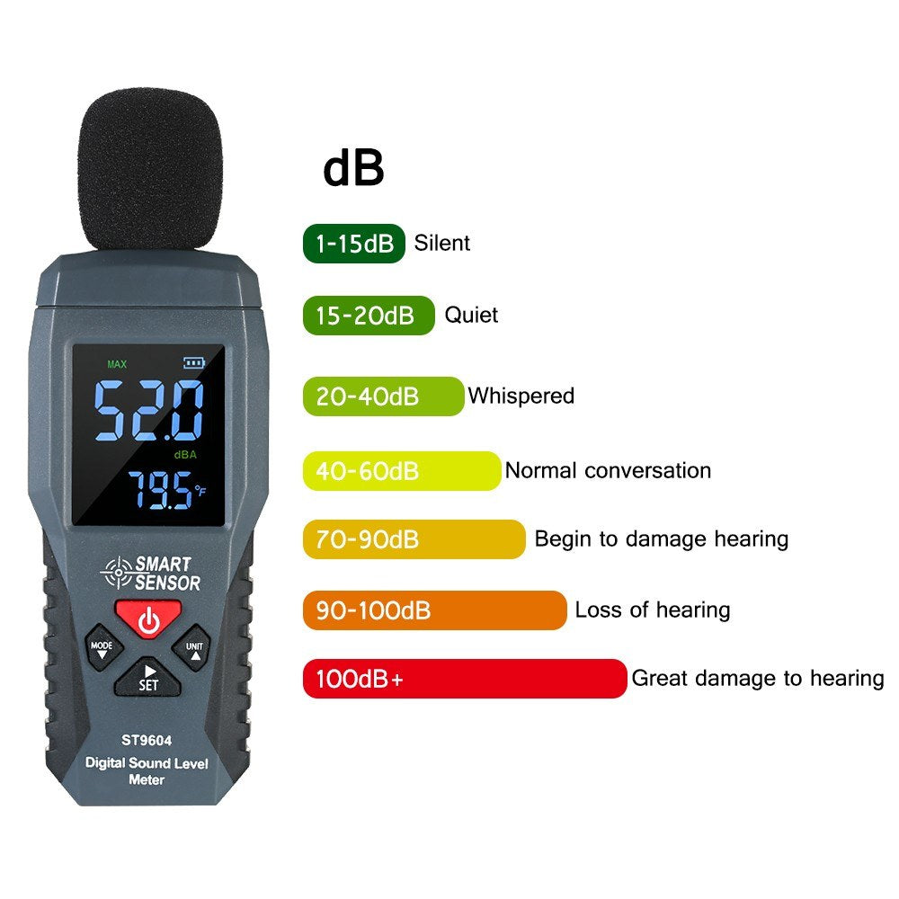SMART SENSOR ST9604 Mini LCD Digital Audio Decibel Meter Sound Level Meter Noise Level Meter Sound Monitor 30-130dBA - Black