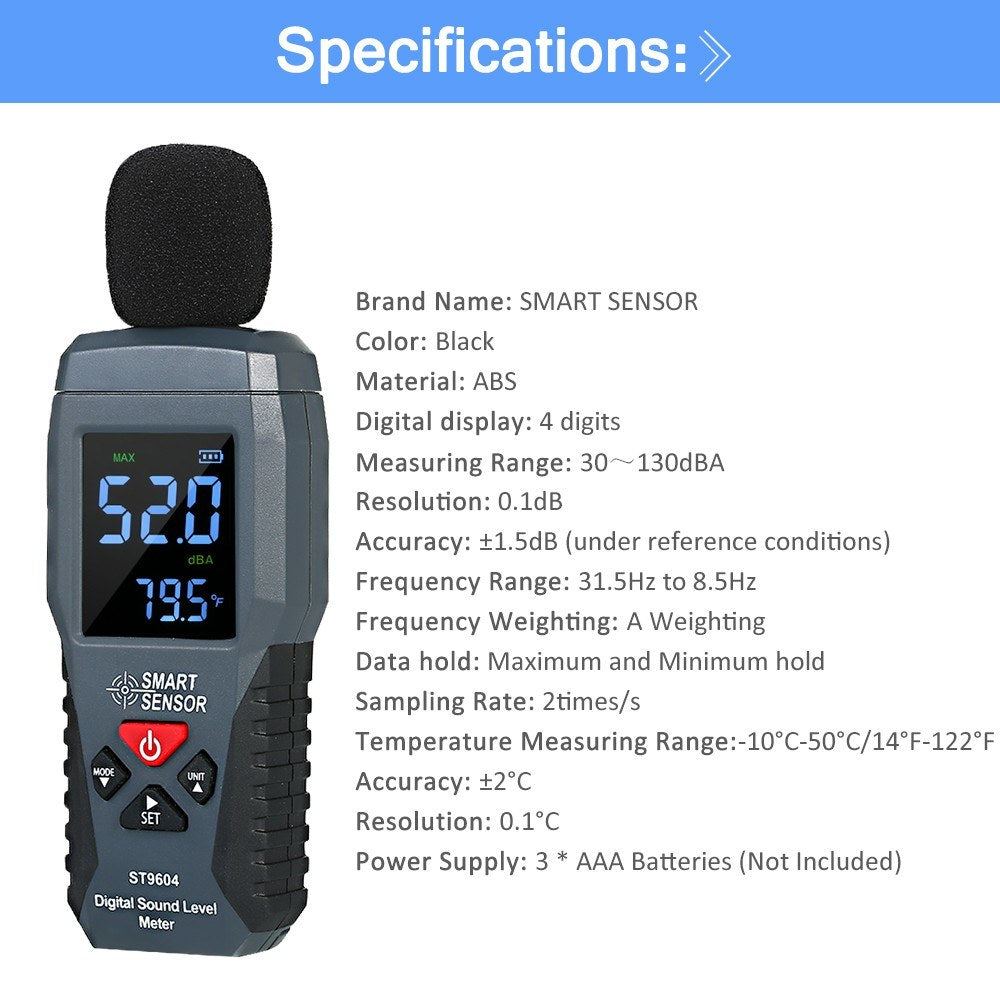 SMART SENSOR ST9604 Mini LCD Digital Audio Decibel Meter Sound Level Meter Noise Level Meter Sound Monitor 30-130dBA - Black