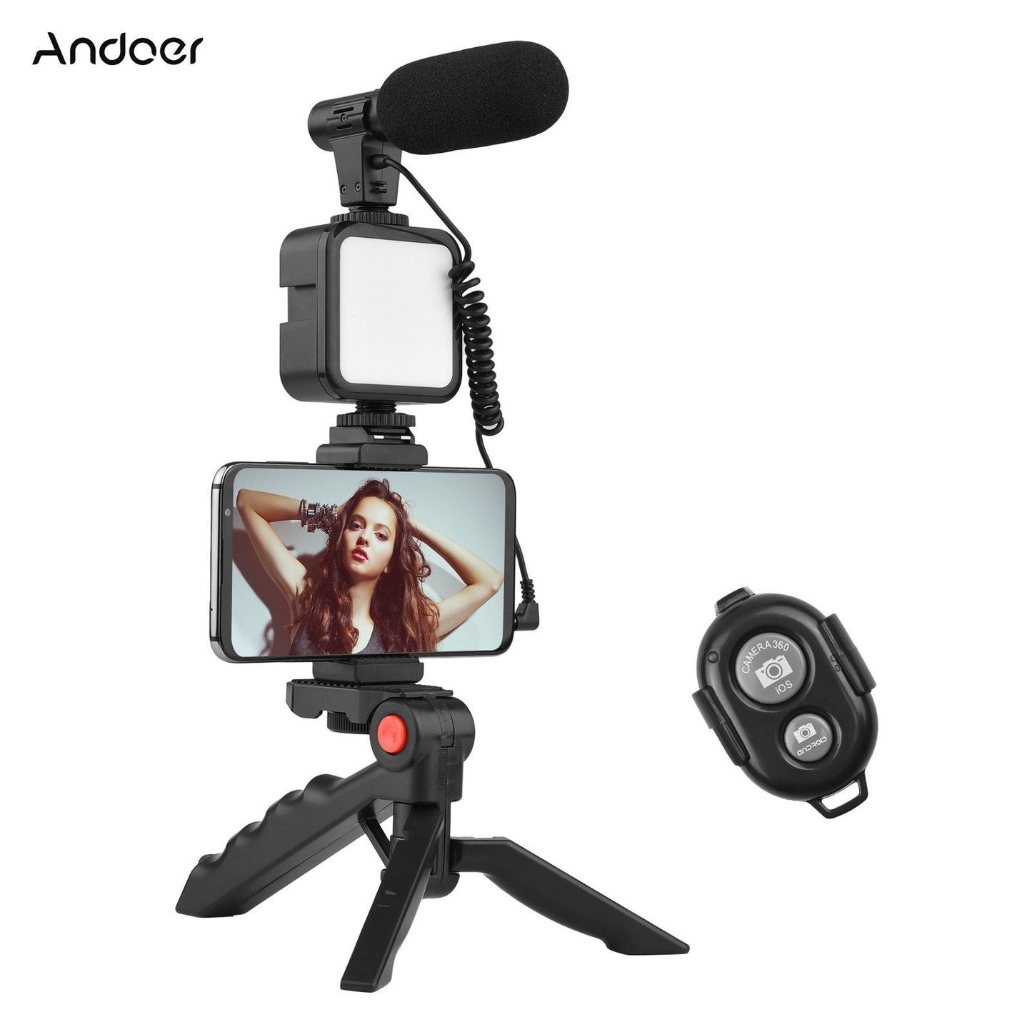 Andoer Phone Vlog Video Kit with Table Tripod Phone Holder with Powerful Noise-canceling Cold Shoe Microphone LED Video Light Remote Shutter