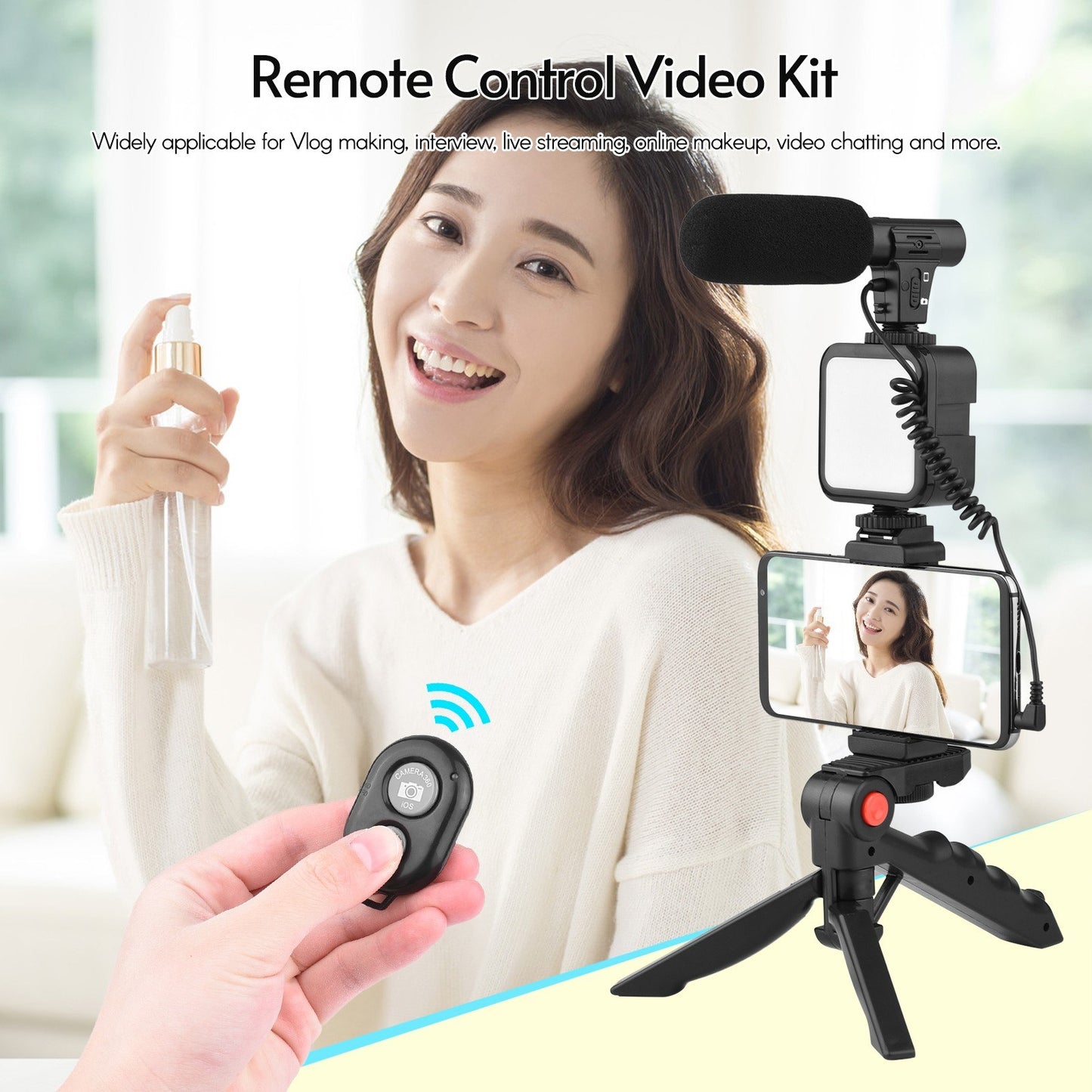 Andoer Phone Vlog Video Kit with Table Tripod Phone Holder with Powerful Noise-canceling Cold Shoe Microphone LED Video Light Remote Shutter