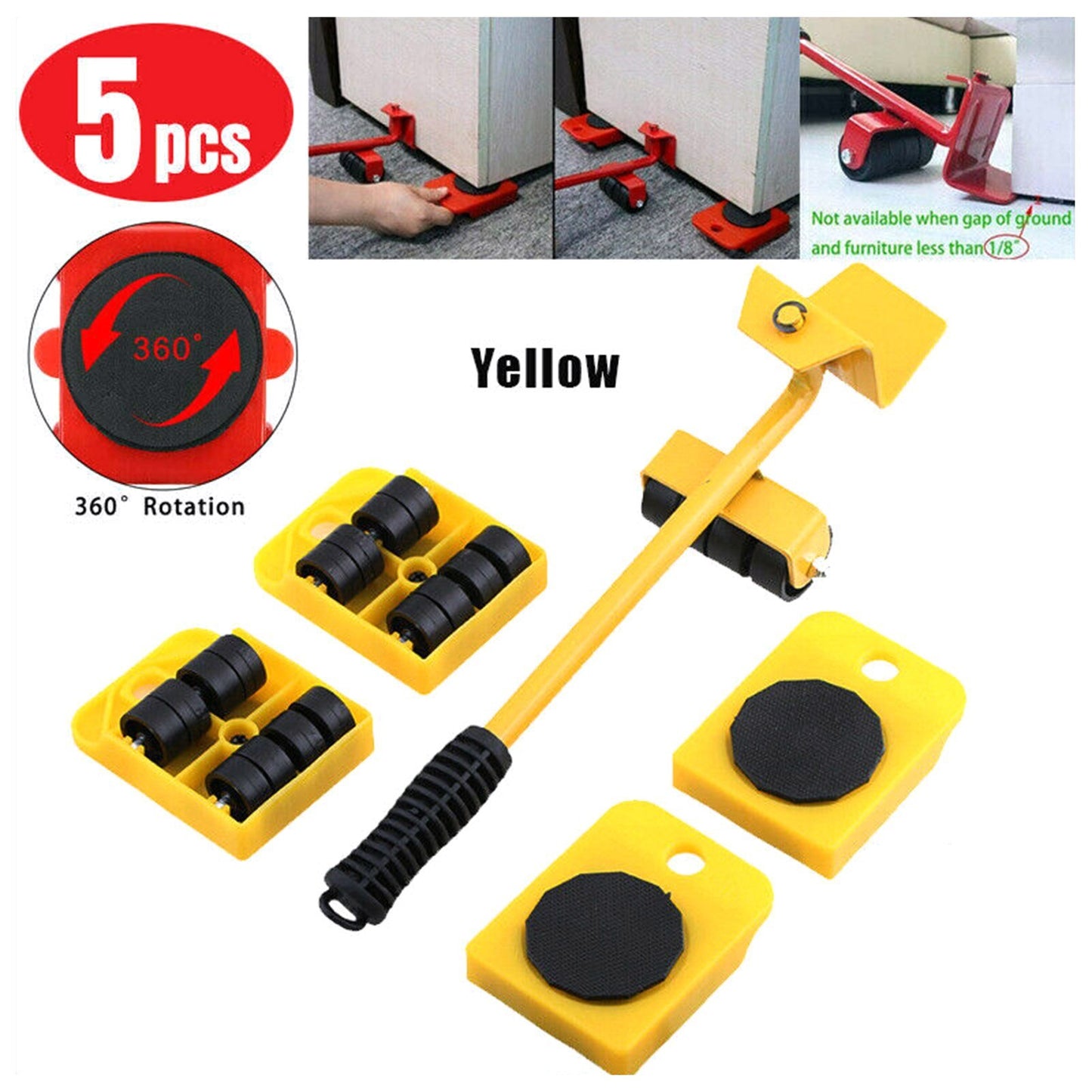 5PCS Heavy Furniture Moving Lifter Easy-move Tool with 4 Slide Glider Wheel - Yellow