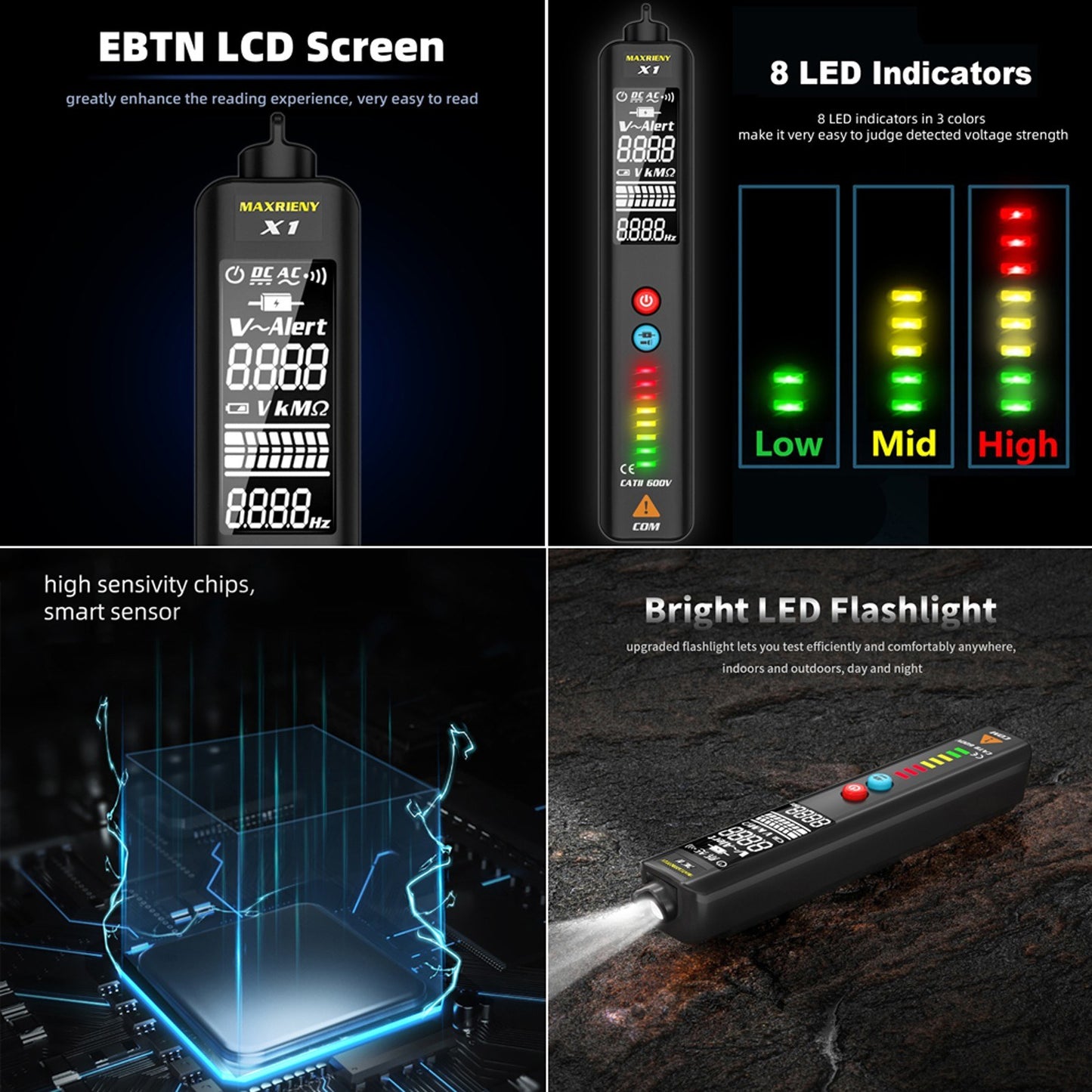 MAXRIENY LCD Display Screen Voltage Detector Multimeter Tester Non-contact Breakpoint Locate Live Wire Indicate Tools