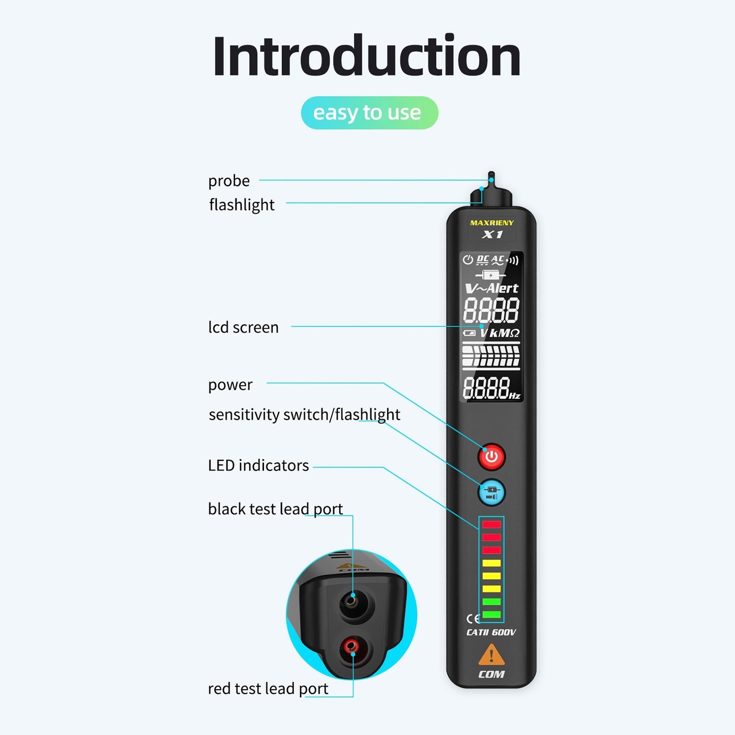 MAXRIENY LCD Display Screen Voltage Detector Multimeter Tester Non-contact Breakpoint Locate Live Wire Indicate Tools