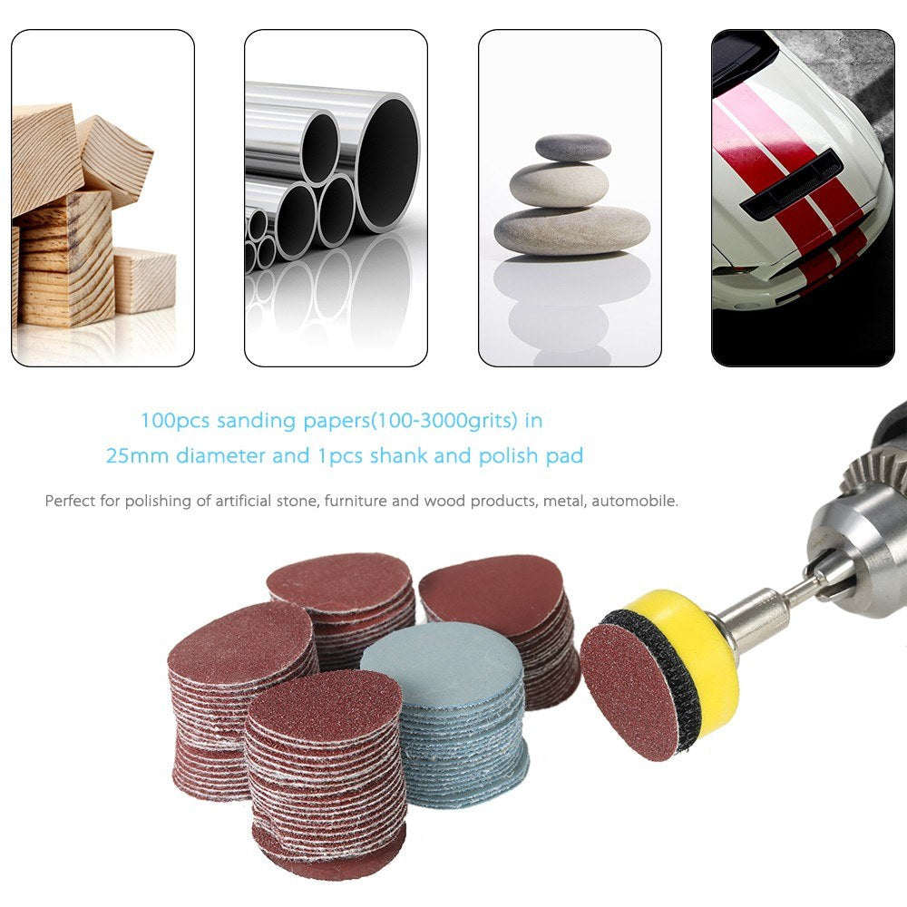 100Pcs 25mm 1 inch Sander Disc Sanding Disk for DIY grinding and polishing 100-3000 Grit Paper with 1 inch Abrasive Polish Pad Plate + 1/8 inch Shank Rotary Tool