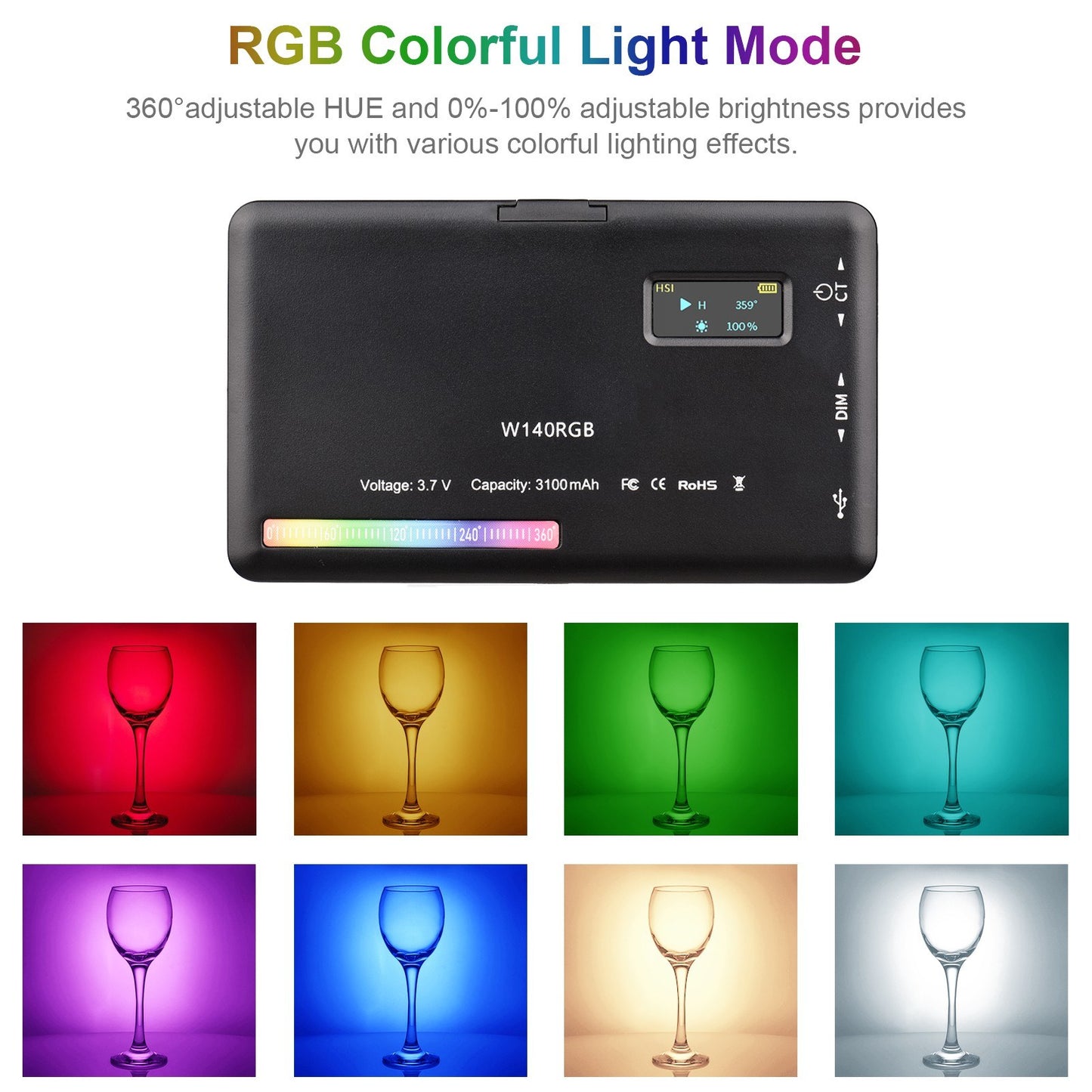 W140 RGB LED Video Light Rechargeable Photography Fill Light CRI95+ 2500K-9000K Dimmable 20 Lighting Effects with LCD Display Cold Shoe Adapter