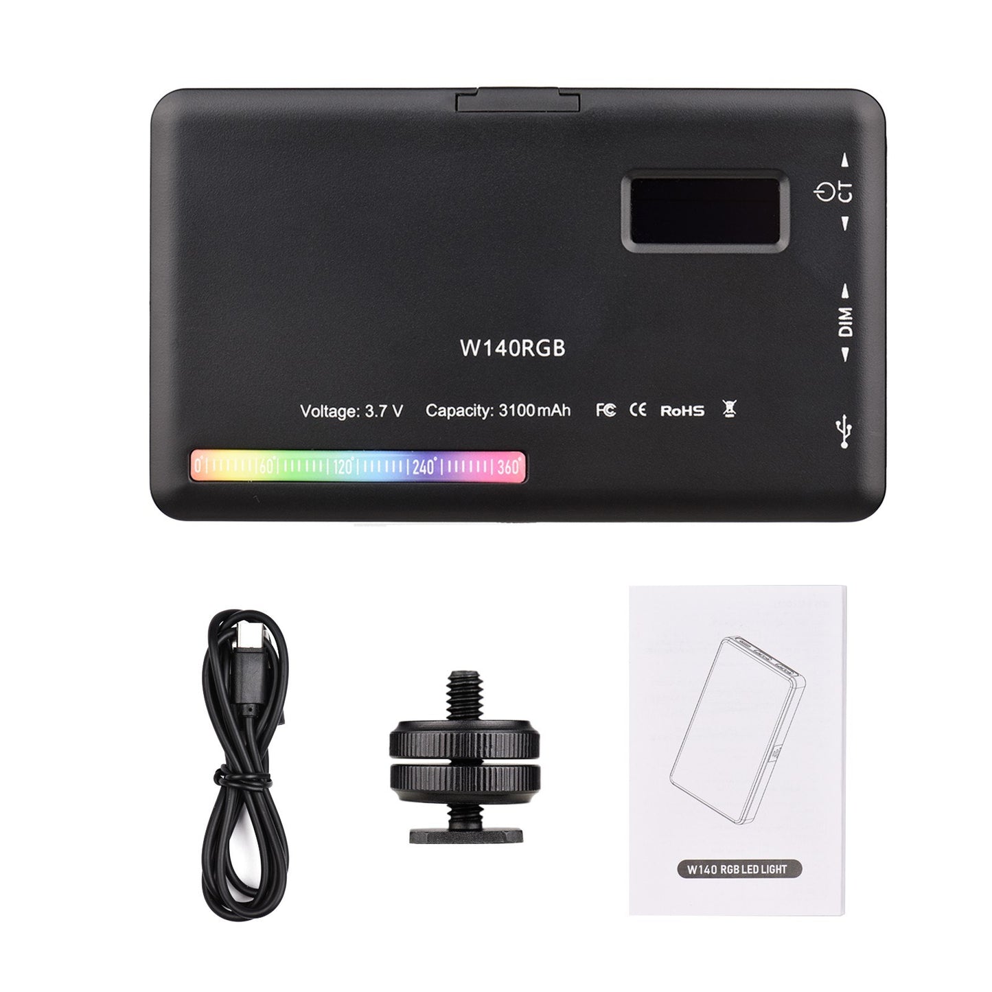 W140 RGB LED Video Light Rechargeable Photography Fill Light CRI95+ 2500K-9000K Dimmable 20 Lighting Effects with LCD Display Cold Shoe Adapter
