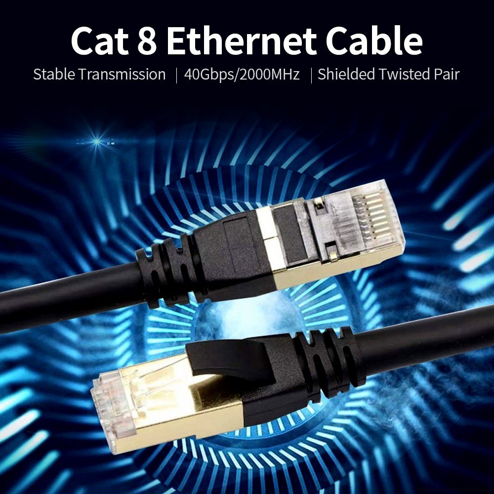 Cat8 Ethernet Cable Durable High-Speed Network Cable 40Gbps 2000Mhz/ Shielded Twisted Pair/ Gold Plated RJ45 Interface - Black/10m