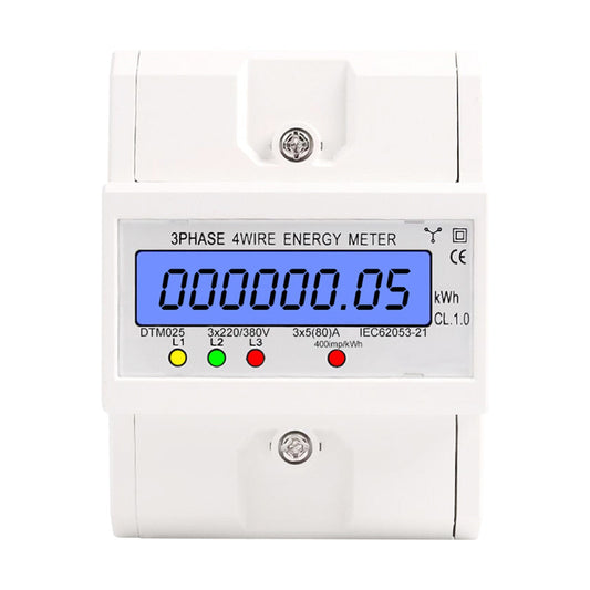 Three Phase Four Wire Digital KWh Meter 220 / 380V 5-80A Digital Electric Power Meter Energy Consumption DIN-Rail Electric Meter with LCD Display - White