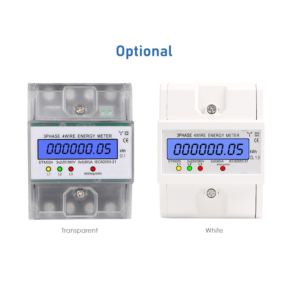 Three Phase Four Wire Digital KWh Meter 220 / 380V 5-80A Digital Electric Power Meter Energy Consumption DIN-Rail Electric Meter with LCD Display - White
