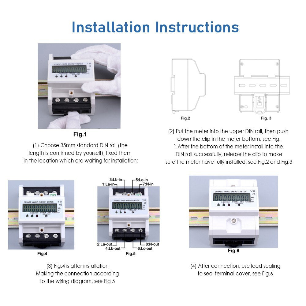 Three Phase Four Wire Digital KWh Meter 220 / 380V 5-80A Digital Electric Power Meter Energy Consumption DIN-Rail Electric Meter with LCD Display - White