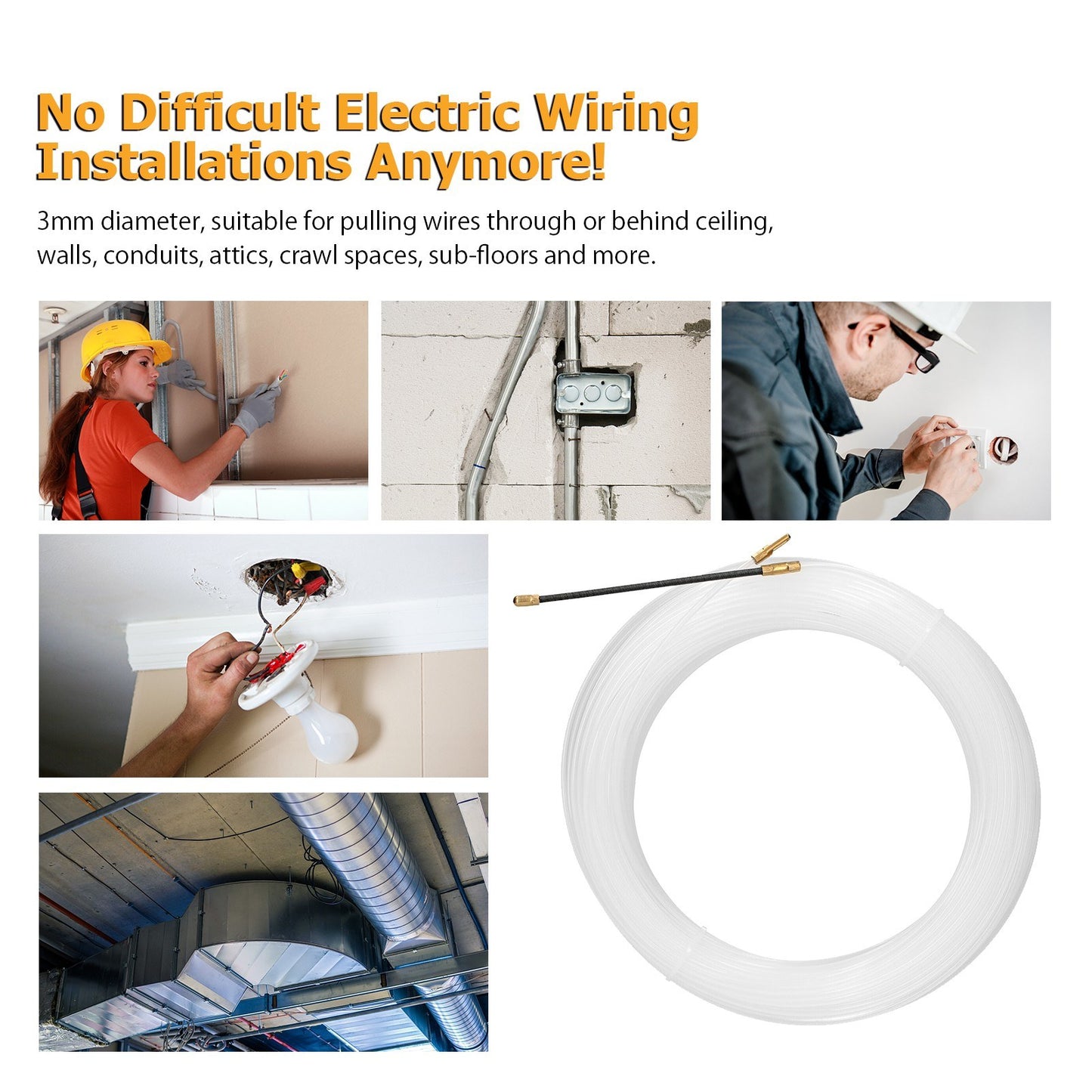 15m Fish Tape Wire Puller Cable Pulling Tool Through Wall ABS Plastic Wire Threader Electrical Wires Running Puller for Drywall Ceiling Conduit