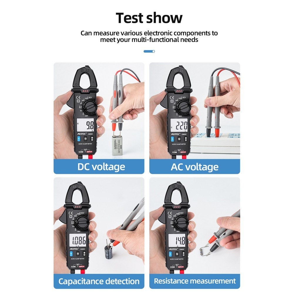 MESTEK Mini Clamp Meter Automatic Ranges LCD Display Portable Clamp Meter Direct Current AC Current Voltage Resistance Capacitance Diode Continuity Temperature Measurement Data Clamp Meter