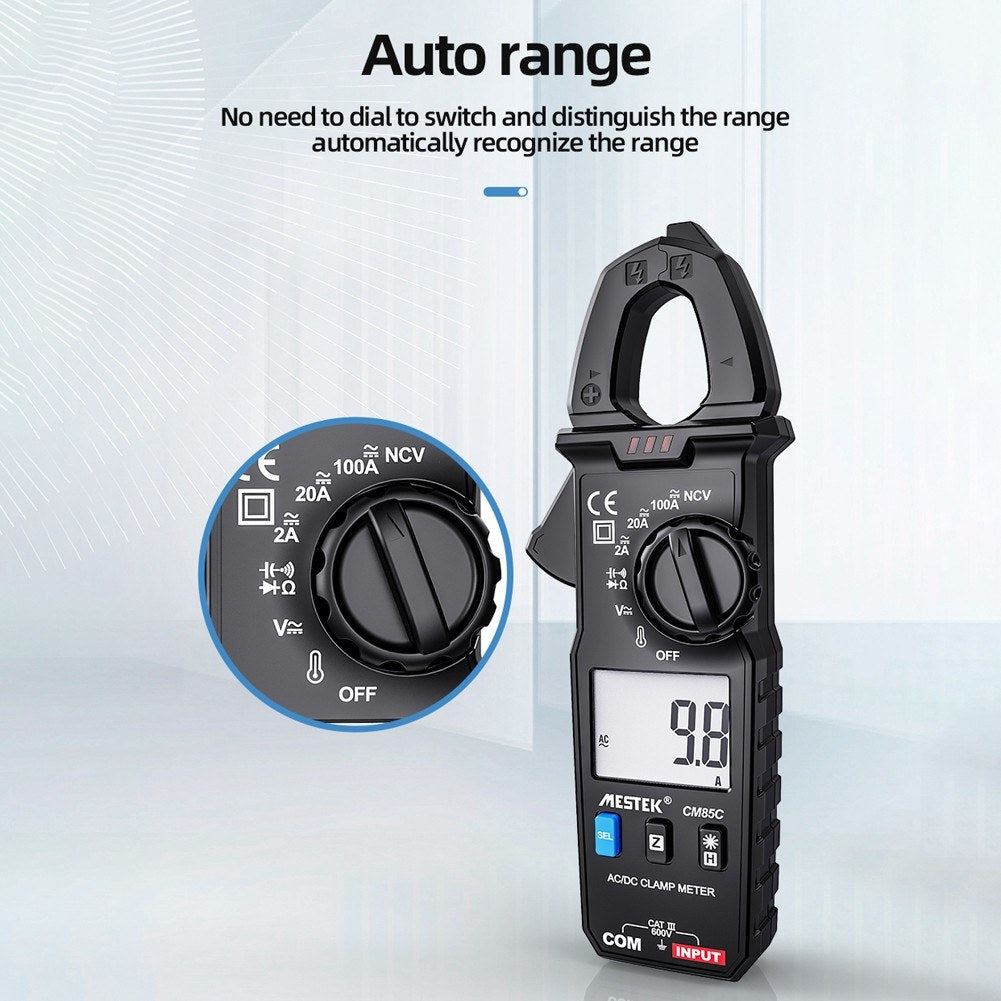 MESTEK Mini Clamp Meter Automatic Ranges LCD Display Portable Clamp Meter Direct Current AC Current Voltage Resistance Capacitance Diode Continuity Temperature Measurement Data Clamp Meter