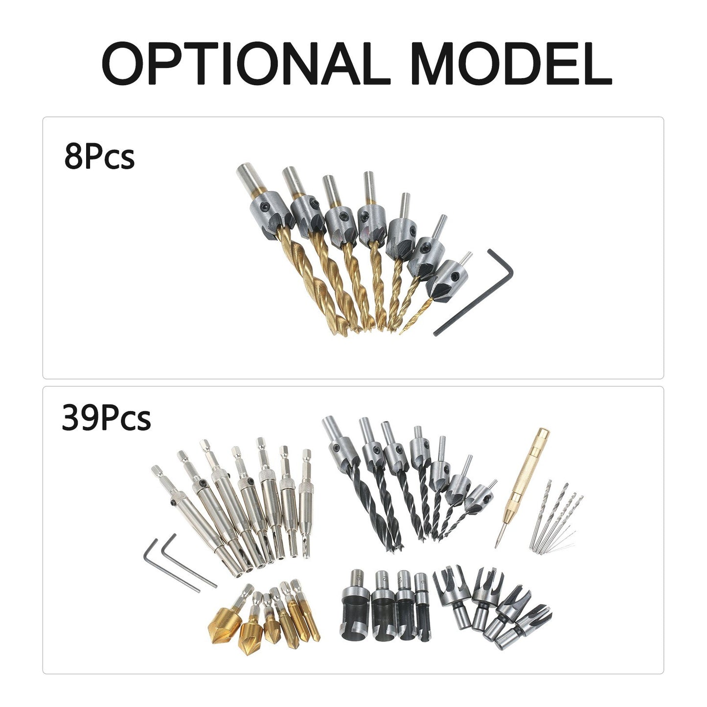 8Pcs Woodworking Chamfer Drilling Tools Set Including 7Pcs Three-point Countersink Drill Bits + L-wrench High-speed Steel Woodworking Bits Set Titanium Plated Drilling Bits for Wood Drilling