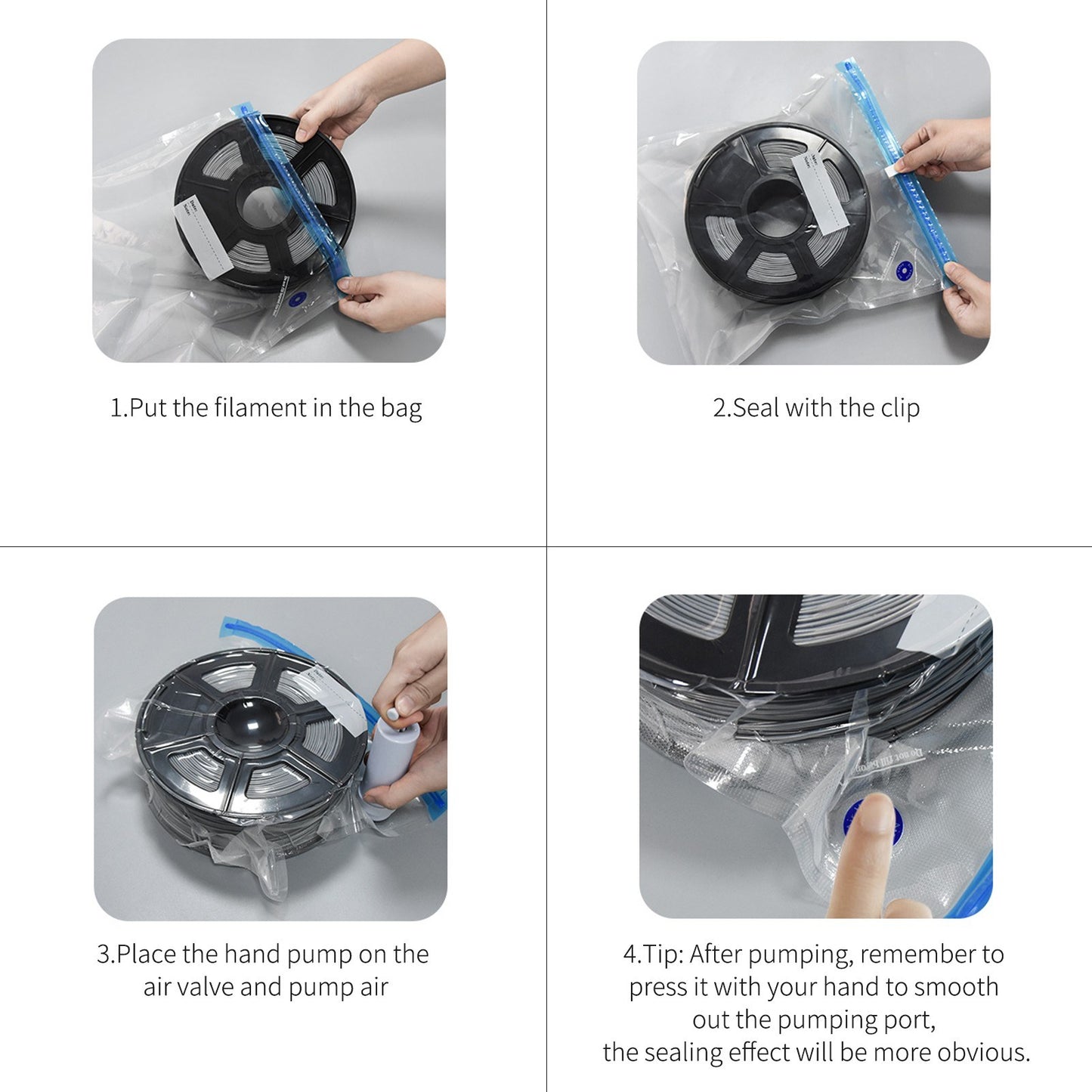 Reusable 3D Printer Filament Compression Storage Bag Vacuum Sealed Humidity Resistant Dry Bags with Manual Air Pump Sealing Clip for PLA ABS Nylon Wood TPU - Transparent/10Pcs