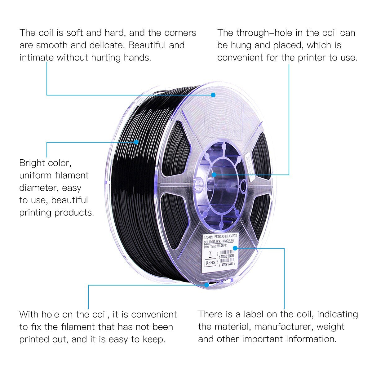 Esun PETG 1.75mm 3D Printer Filament Printing Consumables +/- 0.05mm 1kg (2.2lb) Spool Material Refills - Black