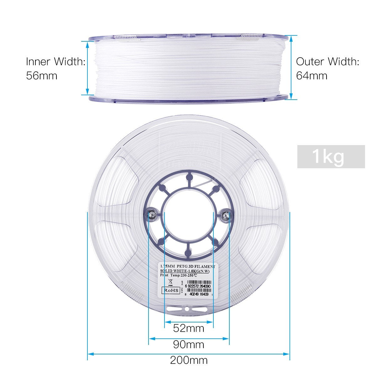 Esun PETG 1.75mm 3D Printer Filament Printing Consumables +/- 0.05mm 1kg (2.2lb) Spool Material Refills - White