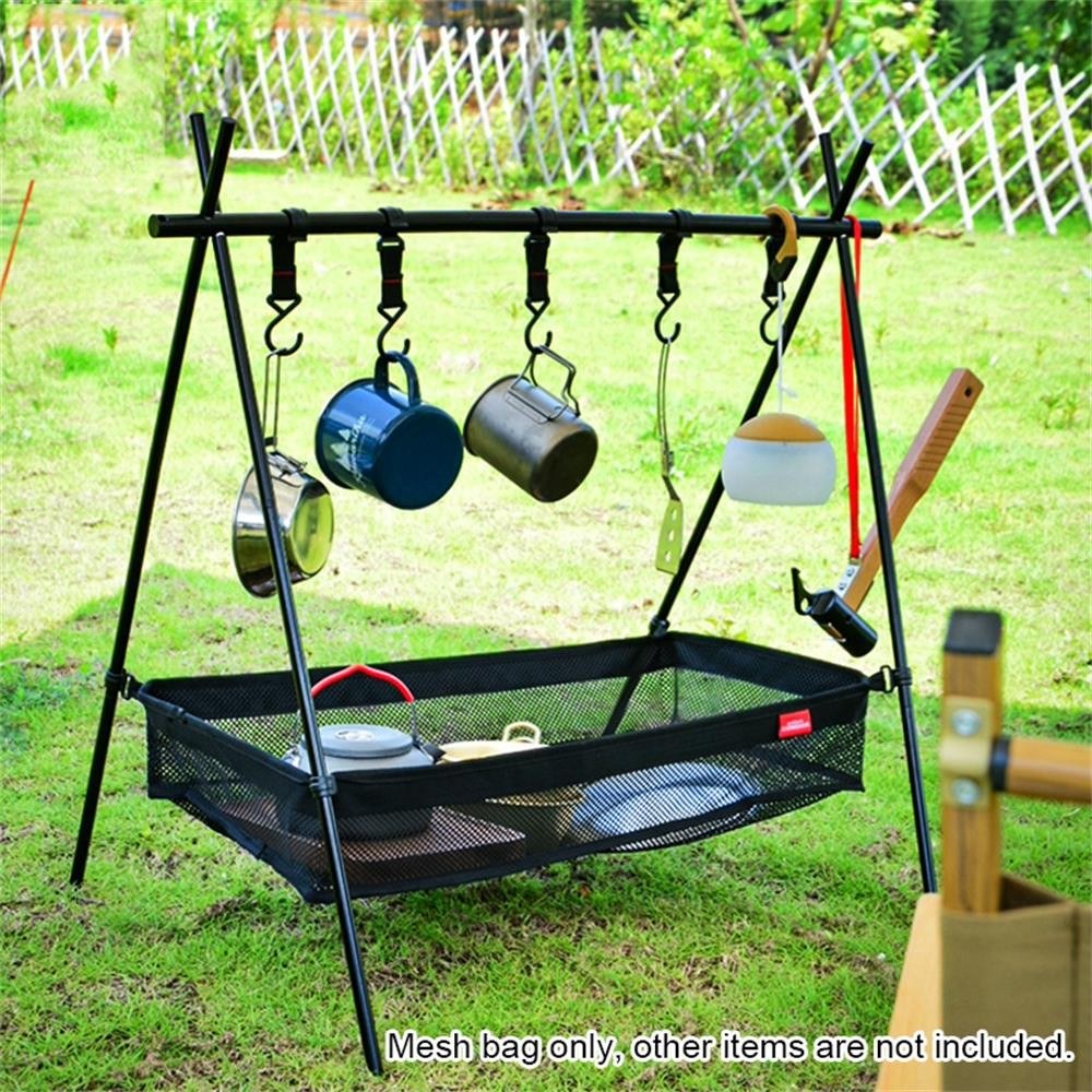 Hanging Mesh Pouch Camping Equipment Organizer Picnic Under Table Storage Basket Foldable Net Bag - Size: L