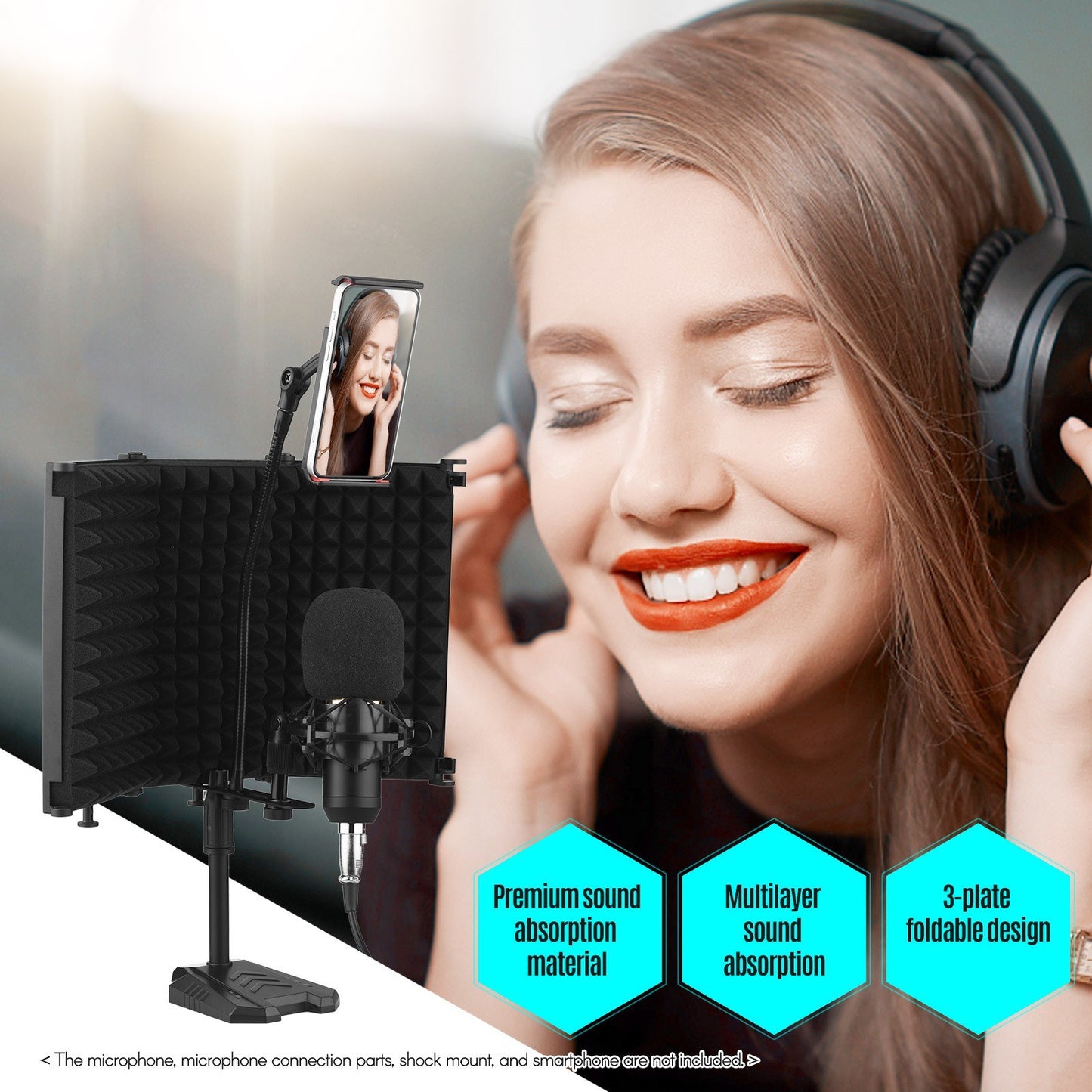 Microphone Isolation Shield Mic Windscreen 3-Panel Sound Absorbing Foam Reflector with Supporting Rod Base Phone Clip 5/8 Inch Screw Adapter