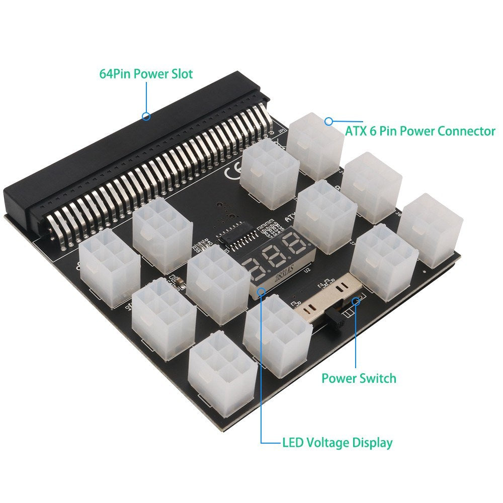 64Pin to 6Pin Adapter Board 6Pin Graphics Card Power Supply Board with 12PCS 6Pin Power Connector with LED Voltage Display - Black