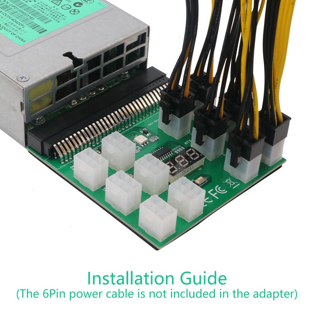 64Pin to 6Pin Adapter Board 6Pin Graphics Card Power Supply Board with 12PCS 6Pin Power Connector with LED Voltage Display - Green