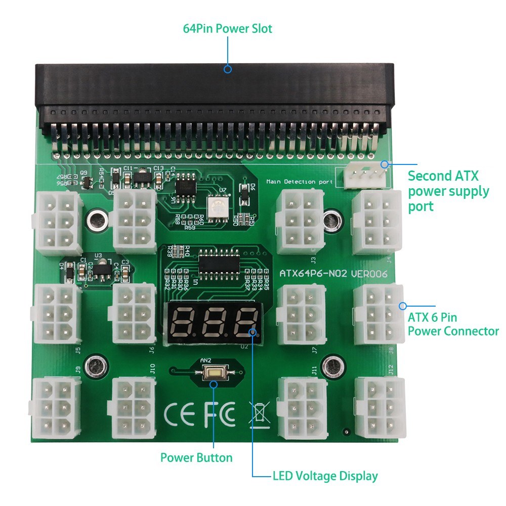 64Pin to 6Pin Adapter Board 6Pin Graphics Card Power Supply Board with 12PCS 6Pin Power Connector with LED Voltage Display - Green