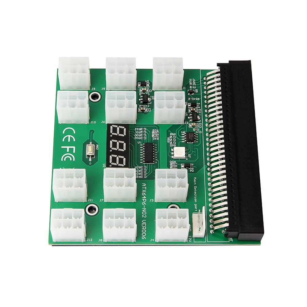 64Pin to 6Pin Adapter Board 6Pin Graphics Card Power Supply Board with 12PCS 6Pin Power Connector with LED Voltage Display - Green