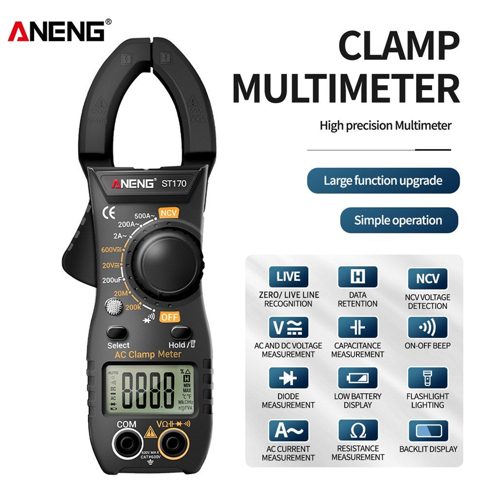 Aneng ST170 Digital Clamp Meter Multimeter 1999 Counts AC DC Smart Clamp Meter, Auto-ranging Measure Resistance - Black