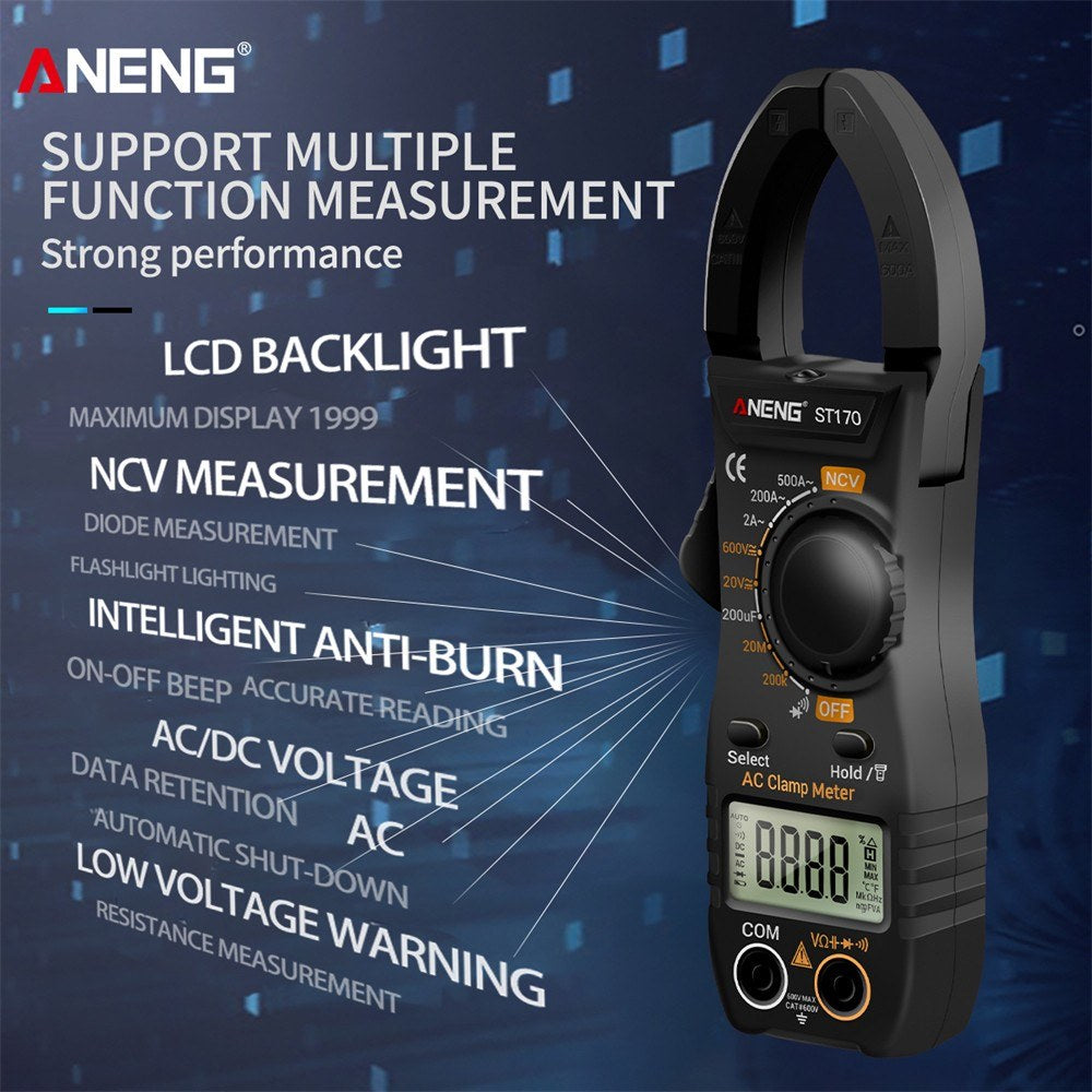 Aneng ST170 Digital Clamp Meter Multimeter 1999 Counts AC DC Smart Clamp Meter, Auto-ranging Measure Resistance - Black