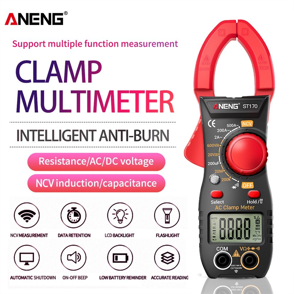 Aneng ST170 Digital Clamp Meter Multimeter 1999 Counts AC DC Smart Clamp Meter, Auto-ranging Measure Resistance - Black/Red