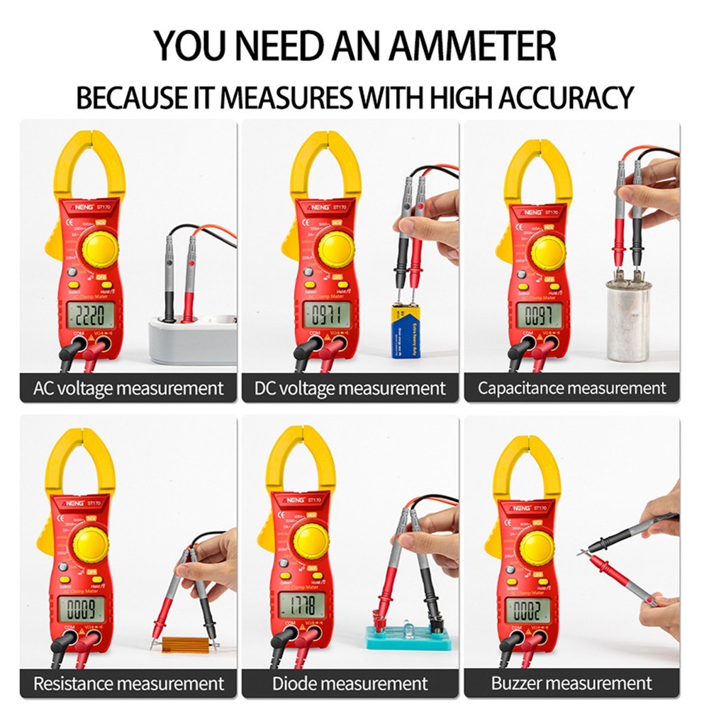 Aneng ST170 Digital Clamp Meter Multimeter 1999 Counts AC DC Smart Clamp Meter, Auto-ranging Measure Resistance - Red/Yellow