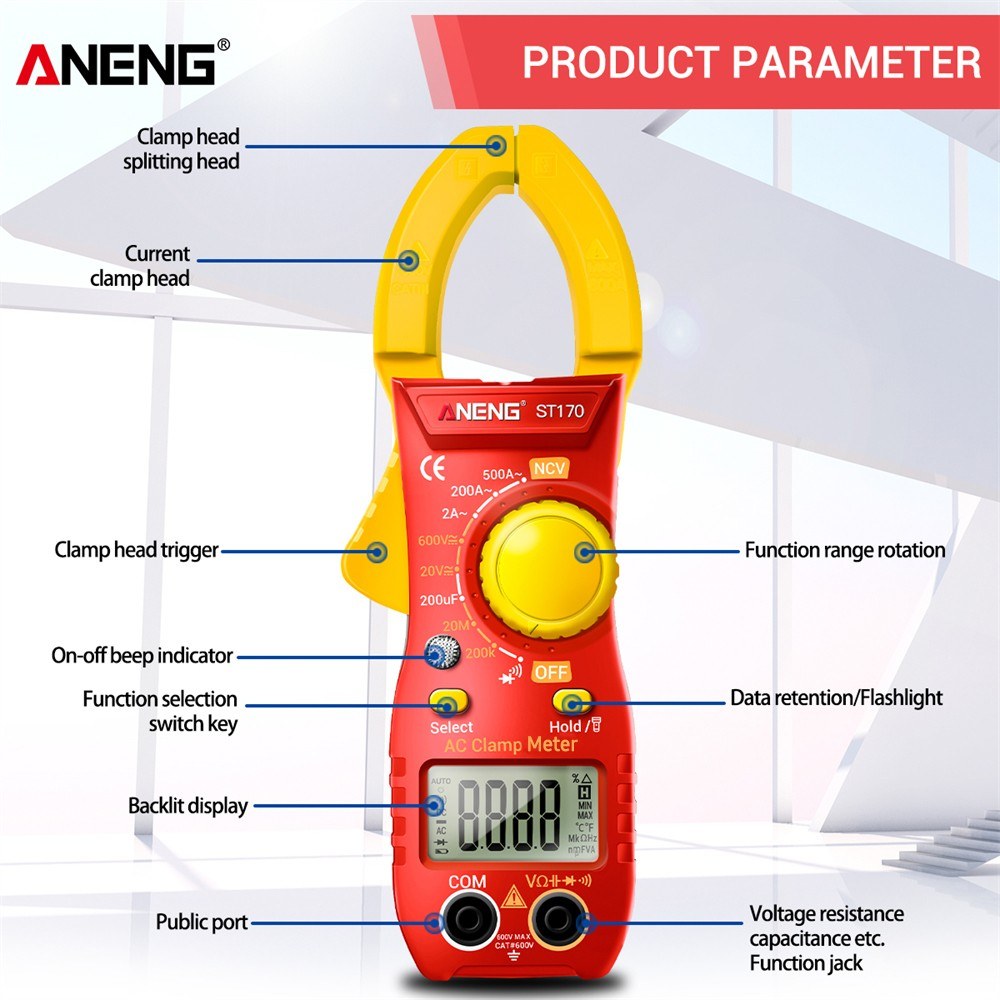 Aneng ST170 Digital Clamp Meter Multimeter 1999 Counts AC DC Smart Clamp Meter, Auto-ranging Measure Resistance - Red/Yellow