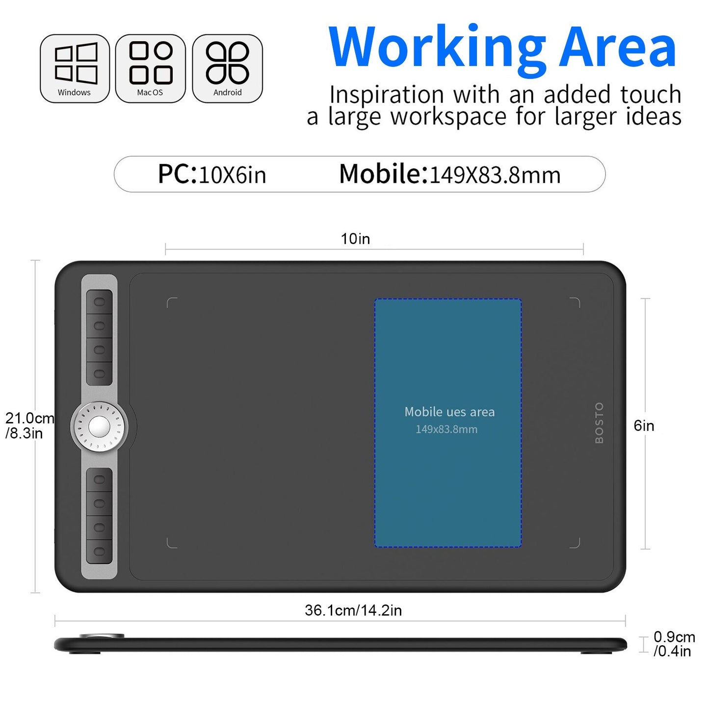 BOSTO T1060 10 x 6 inch 8192 Levels Pressure Digital Art Graphic Drawing Tablet with Battery-free Stylus and 10 Pen Nibs for Drawing Designing Teaching Online Course