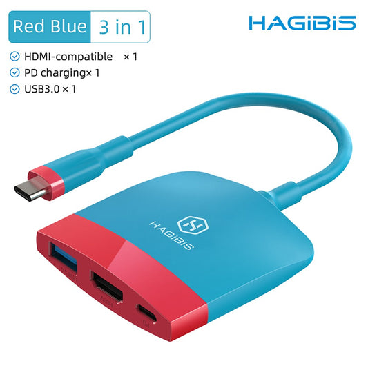 Hagibis Portable Switch Dock TV Dock for Nintendo Switch 3 in 1 Converter Type-C to USB 3.0 Interface/100W PD/HD Portable Docking Station Compatible with Switch/iPad - Red + Blue
